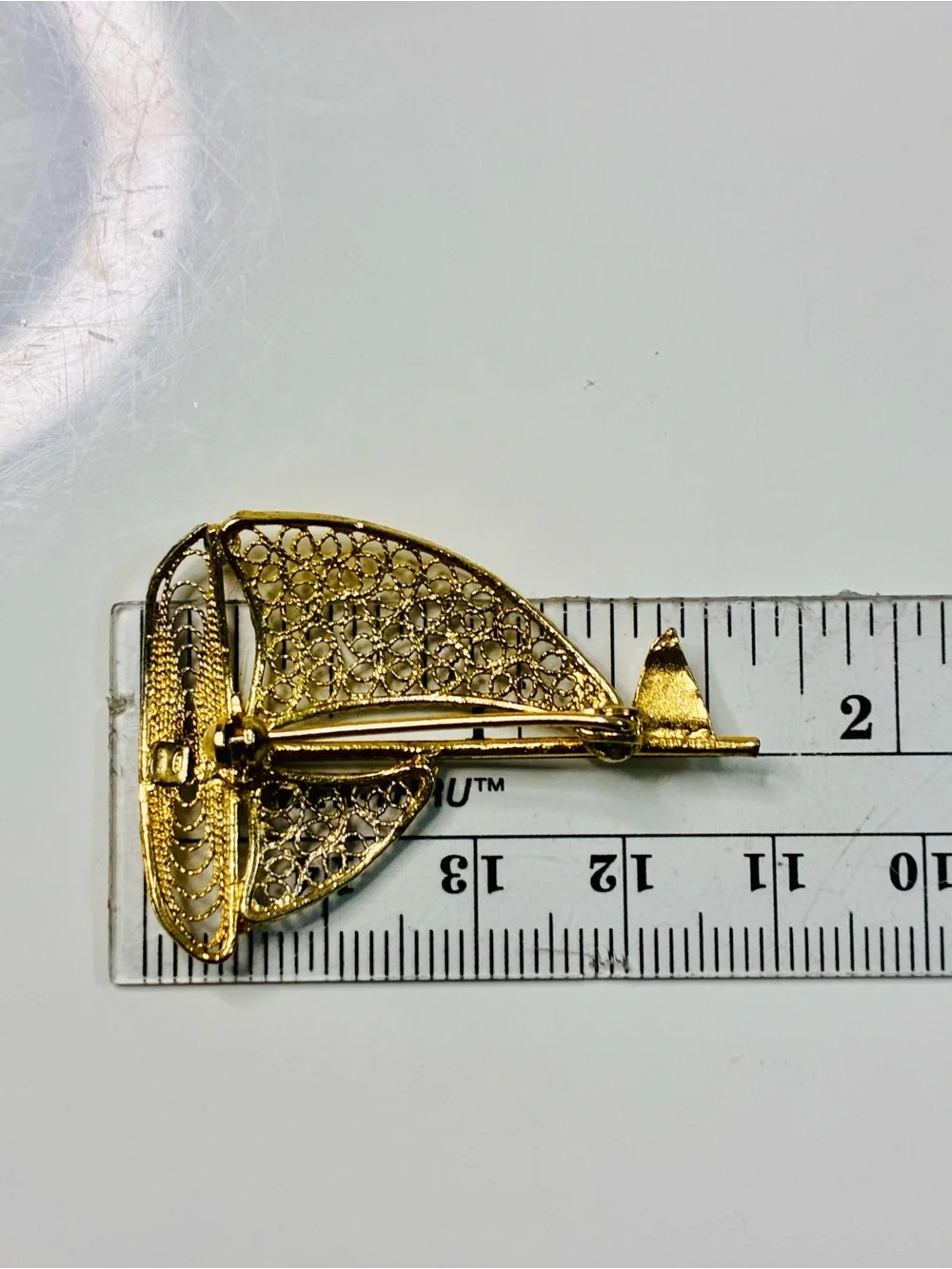 925 Gold Filled Stamped Filigree Sailboat Brooch - Gold and Silver